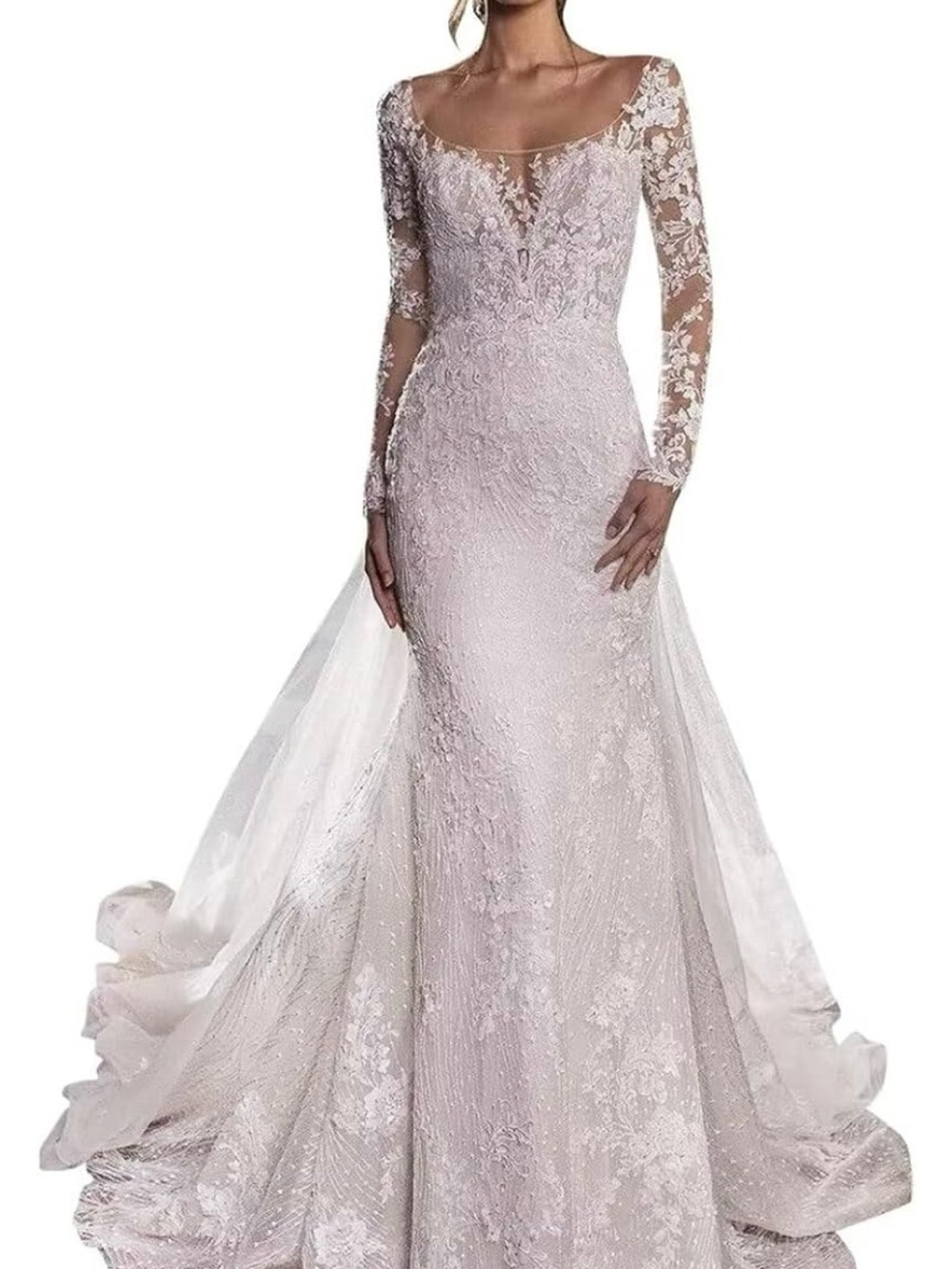 Lace Mermaid Wedding Dress with Long Sleeves - White Sz 14
